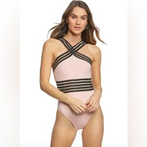 Kenneth Cole Black Pink High Neck Cross Front Banded One Piece Swimsuit S